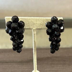 Faceted Black Bead Dangle Clip Earrings
